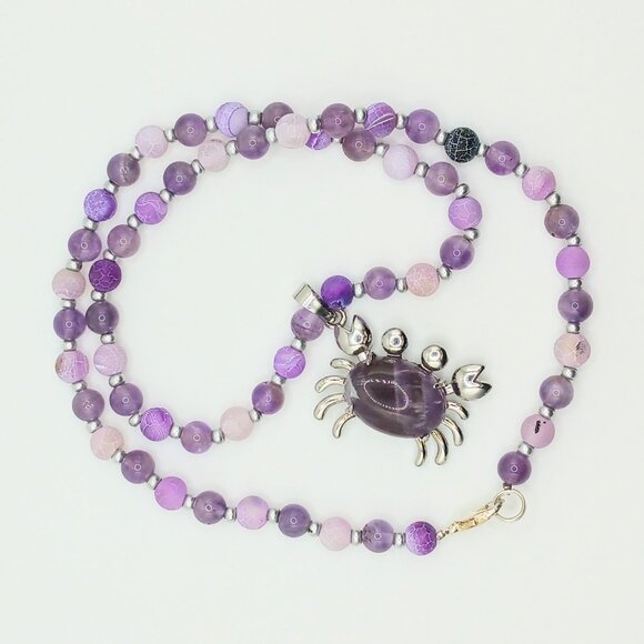 Purple Amethyst Beaded Handmade 18 Inch Necklace With Crab Pendant - Picture 3 of 4